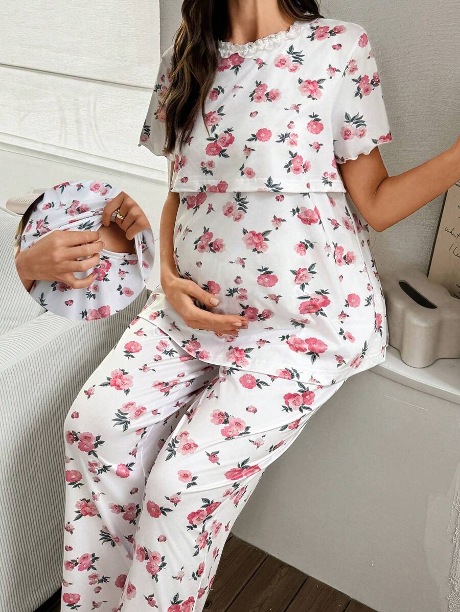 SHEIN Post Partum Lounge Set Romantic Printed Milk Silk Contrast Lace Comfortable Maternity Pajamas