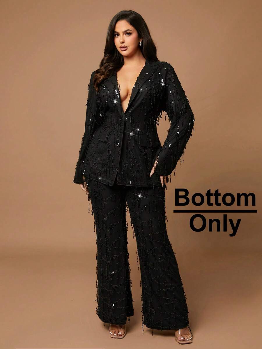 SHEIN BAE Plus Size Women Elegant Party Halloween Solid Black Sequin Tassel Flare Leg Pants Graduation,Back To School,Teacher Outfits For Women
