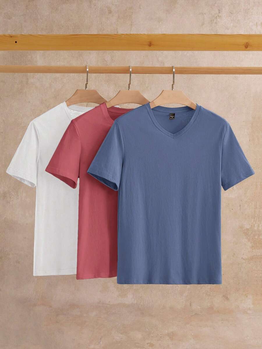 HIMLAND 3 Pcs Pack Men's Casual Solid Color Short Sleeve Knit T-Shirts, Suitable For Daily Wear Plain Tees Plain T Shirts V Neck Shirts