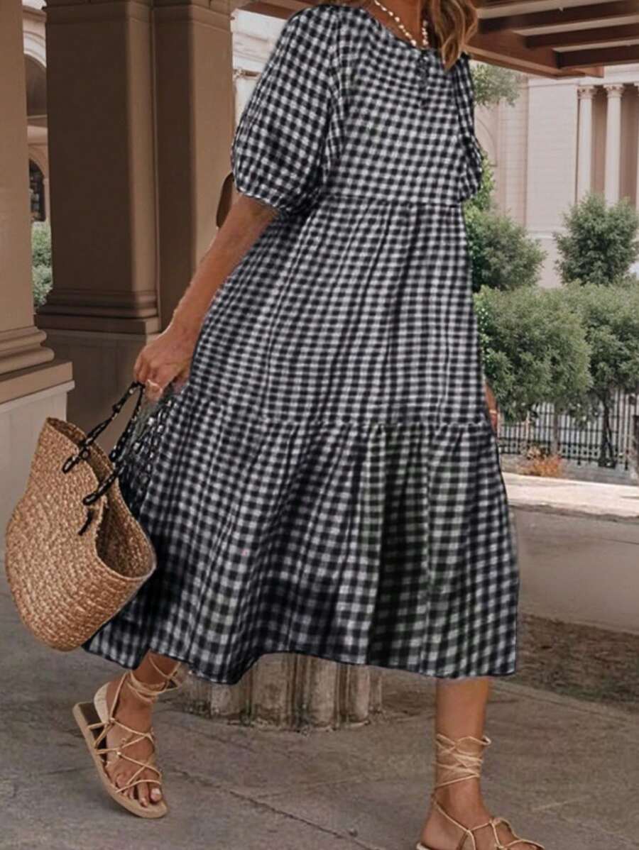 INAWLY Plus Size Crew Neck Short Sleeve Plaid Long Casual Dress