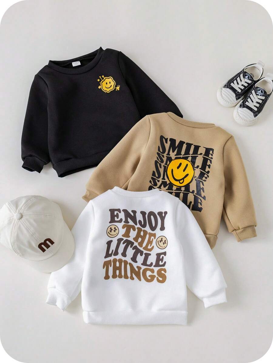SHEIN 3 Stücke Baby Jungen Allround Pullover Sweatshirts mit süßem Cartoon Gesichtsmuster in Schwarz, Weiß und Beige, geeignet für Frühling, Herbst und Winter