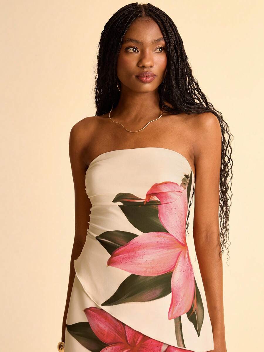 CAJUNI Blusa ajustada y sexy con pliegues, bajo asimétrico, estampado floral rosa sobre fondo albaricoque, adecuada para fecha, picnic, vuelta al colegio.