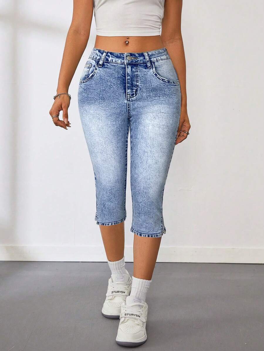SHEIN Tall Women's Super Low-Rise Skinny Stretch Capri Jeans, Blue Jean Capris For Women Women Jeans High Waist Capri Jeans Women Denim Women Capri Jeans For Women