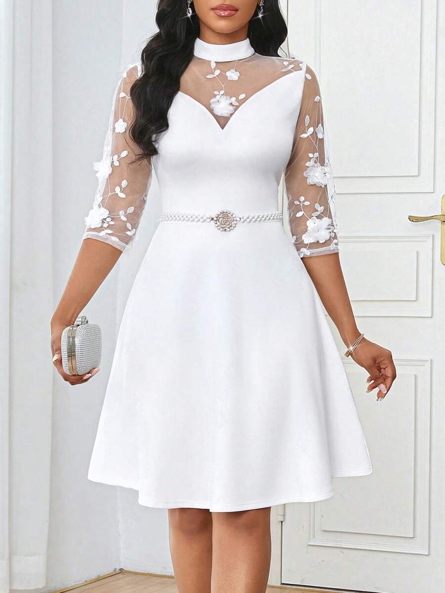 SHEIN Lady Vestido elegante transparente con apliques de malla bordada blanca