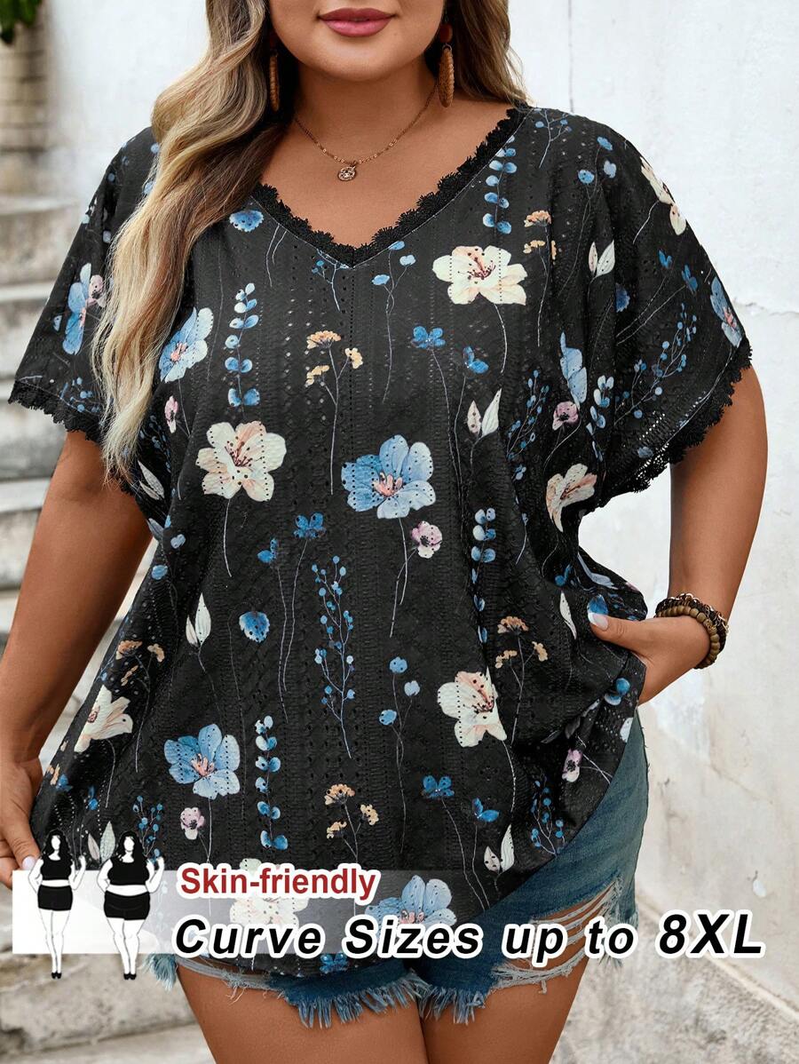 SHEIN CURVE+ Women's Plus Size Printed Lace Trimmed Summer T-Shirt Boho Vacation