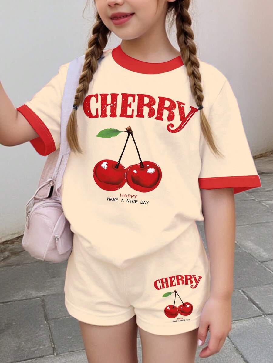 SHEIN 2pcs/Set Cherry Print Casual T-Shirt & Shorts For Tween Girls, Vintage Style, Suitable For Summer