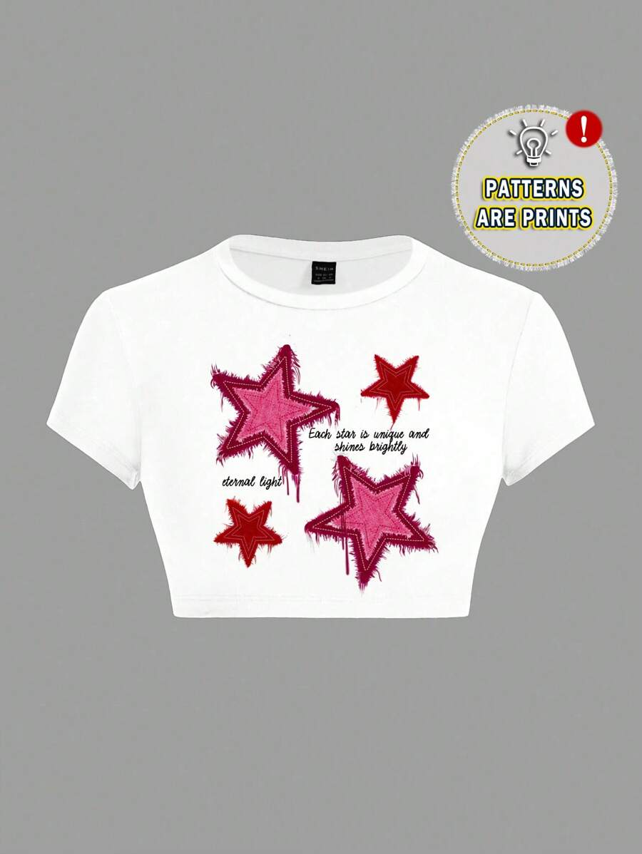 SHEIN ICON Casual Minimalist Five-Pointed Star Pattern Round Neck Short Sleeve Cropped Tight Fit Women's T-Shirt, Suitable For Summer
