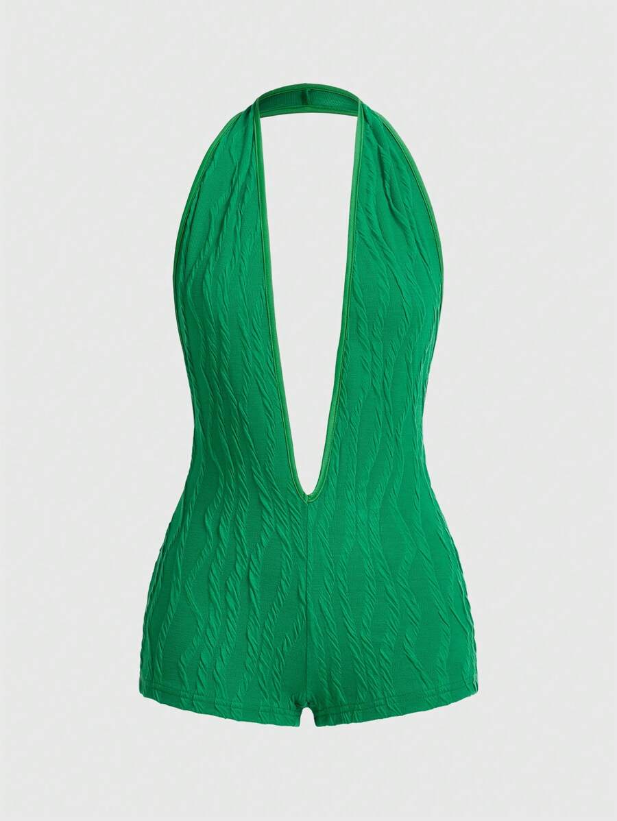 SHEIN ICON Women Y2k Summer Fashionable Striped Plunging Neck Backless Halter Romper