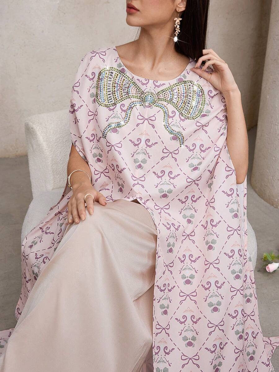 Al Najma Kaftan largo con estampado integral y decoración con rhinestones, vestido tradicional elegante turco y árabe para mujer