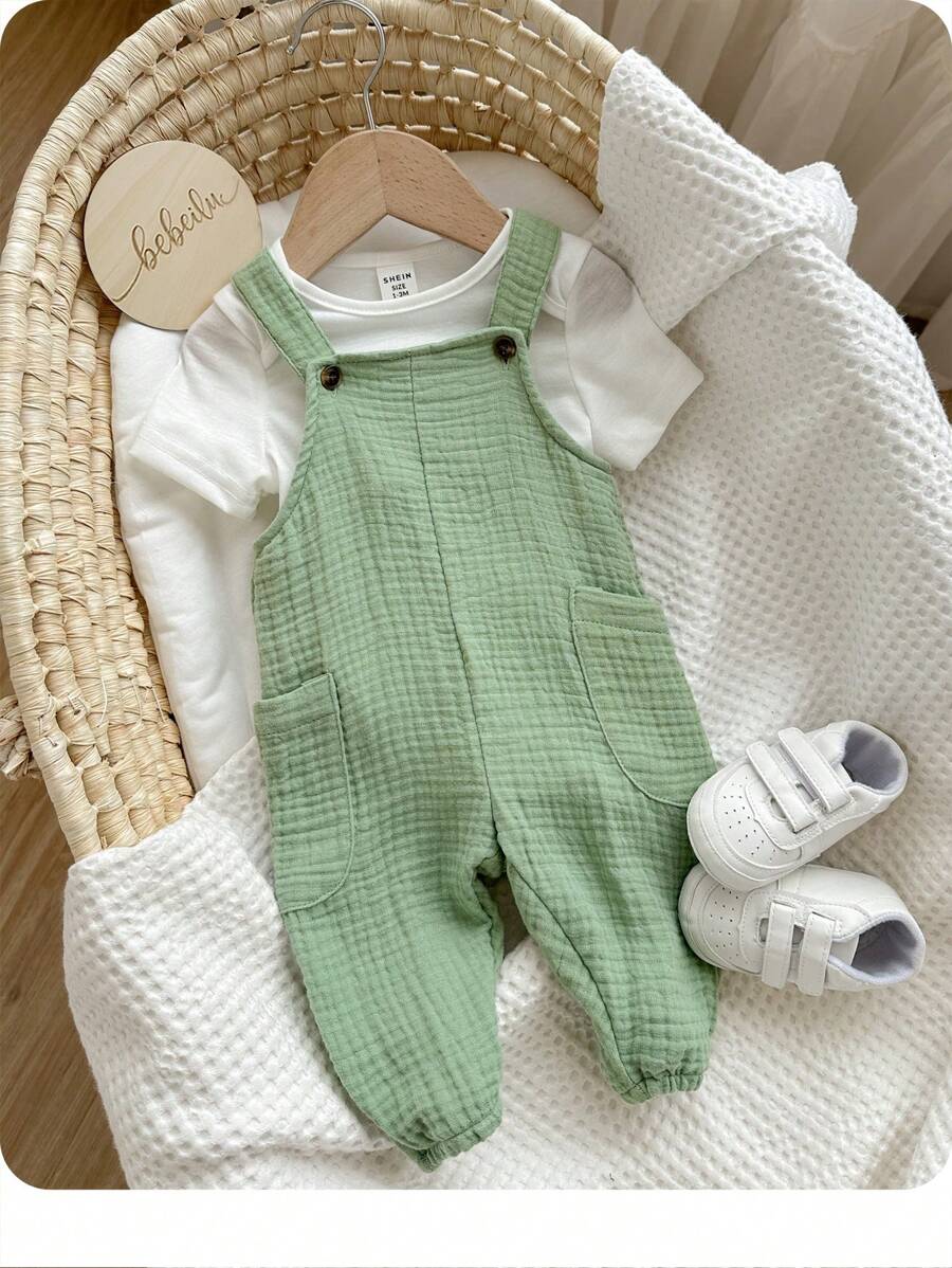 Baby Boy Cute Cotton Jumpsuit, Simple Solid Color Design, Sleeveless Straps, Suitable For Spring And Summer
