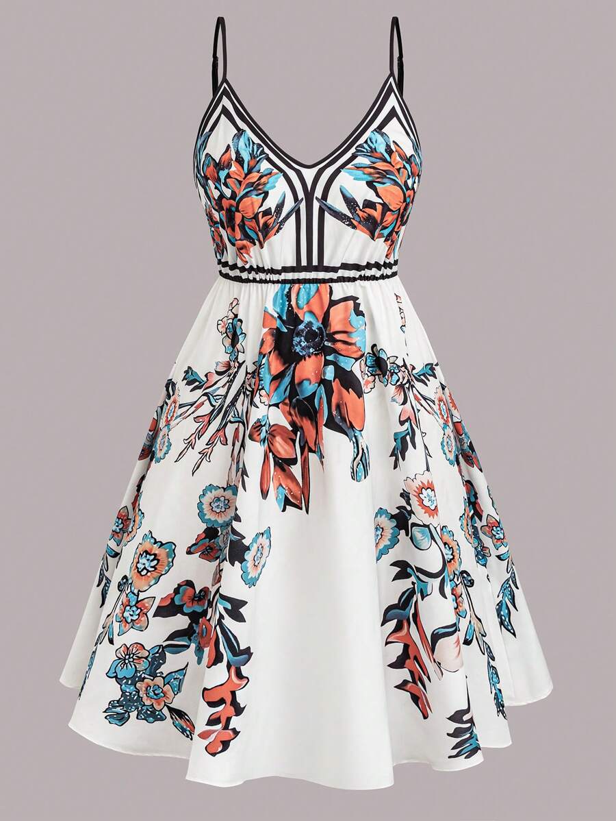 SHEIN Clasi Plus Size Women's Chiffon Summer Vacation Floral Digital Print A-Line Elegant Commuting Slip Dress
