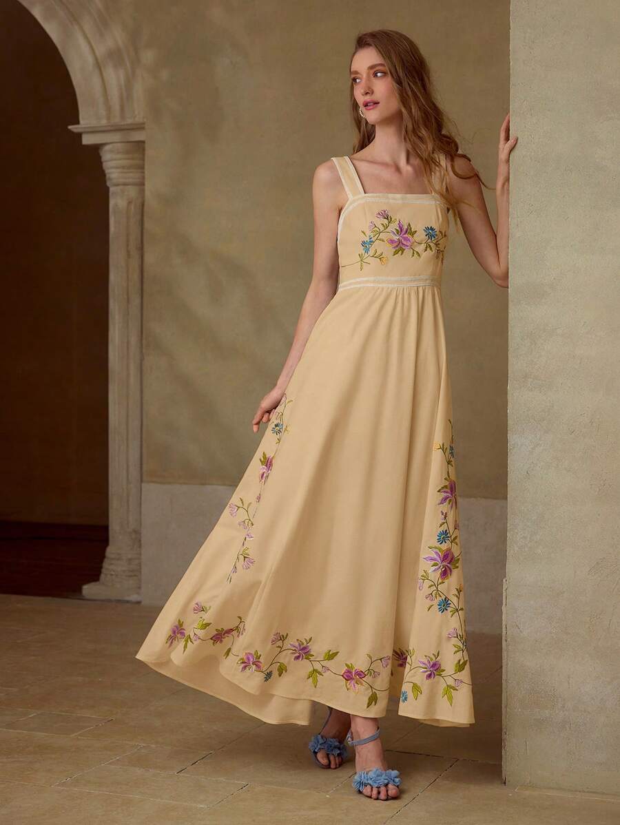 MOTF PREMIUM LINEN EMBROIDERY CONTRAST TRIM DRESS