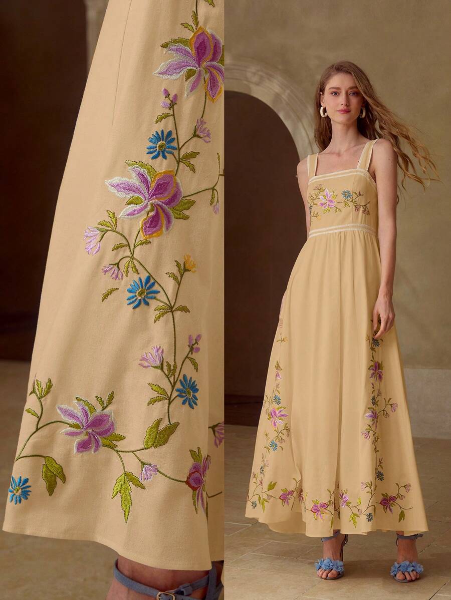 MOTF PREMIUM LINEN EMBROIDERY CONTRAST TRIM DRESS