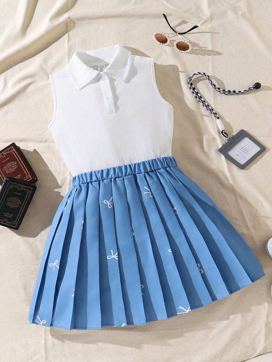 SHEIN Conjunto informal de verano de 2 piezas para niñas preadolescentes con top de tirantes de unicolor con estampado de moño + falda plisada