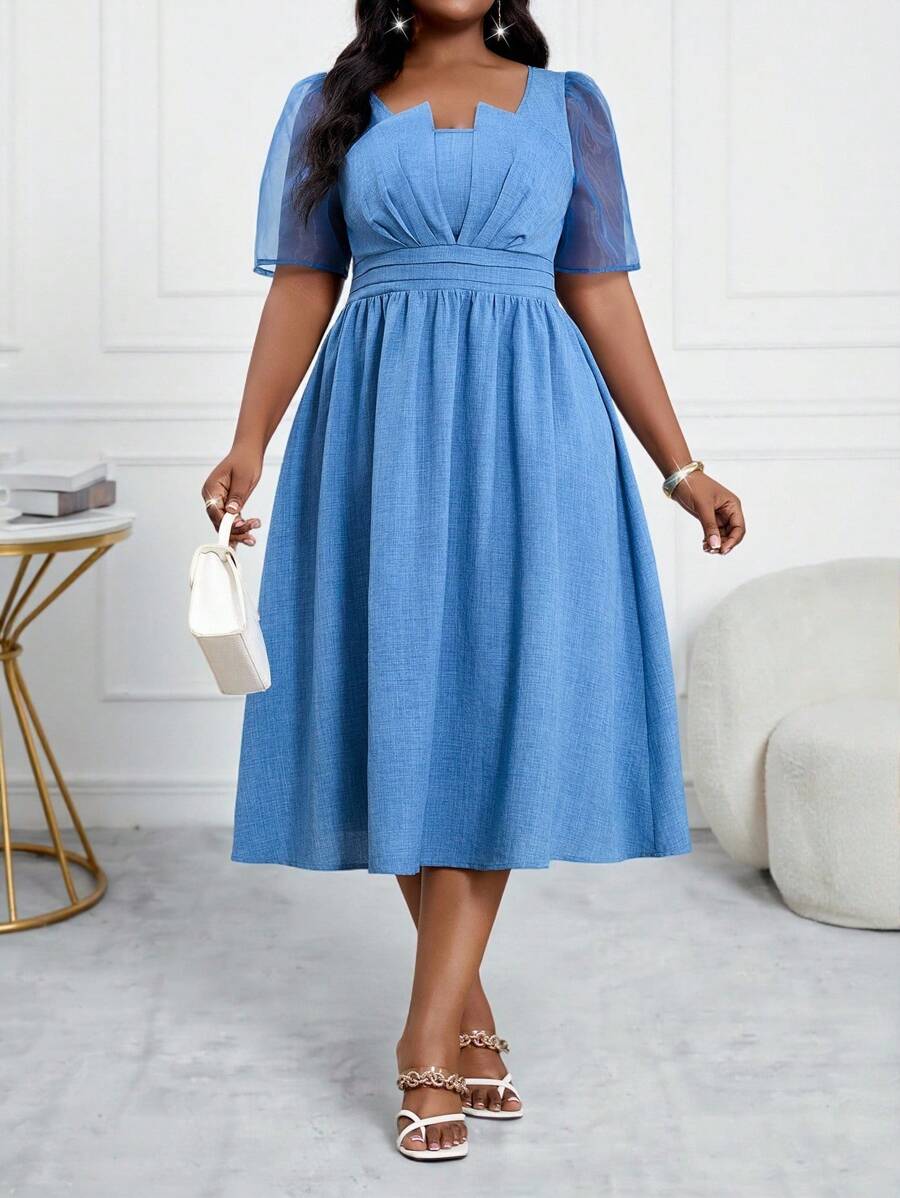 SHEIN Lady Vestidos de oficina de talla grande con mangas abullonadas, contraste de malla, cinturilla plisada y falda acampanada, elegantes para primavera y verano