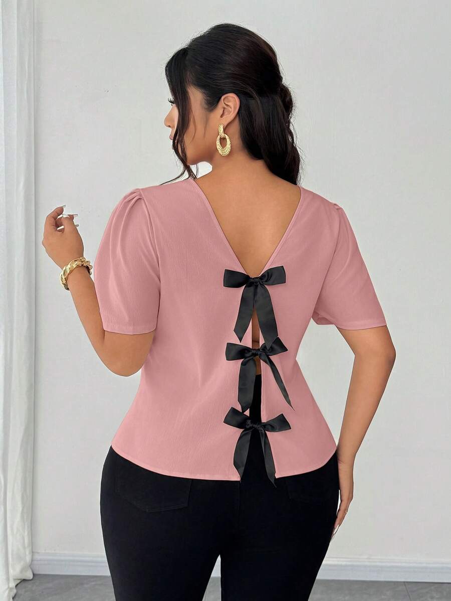 Elenzga Camisa de manga corta elegante minimalista y sexy con lazo en talla grande