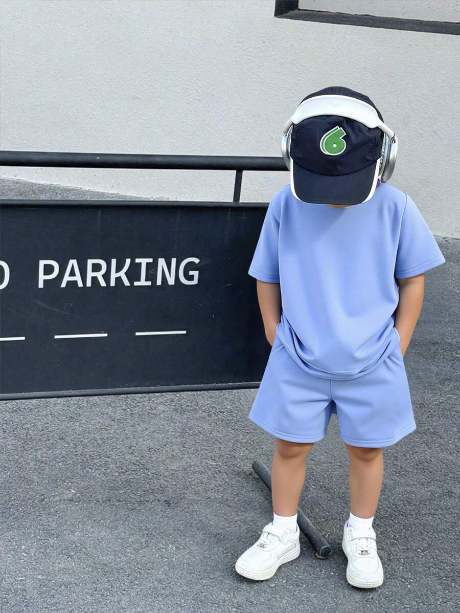 Set de 2 piezas de sudadera con capucha y pantalón corto de punto de color liso y suelto para niños, adecuado para la escuela, el jardín, la playa, el cumpleaños, primavera, verano, otoño, invierno