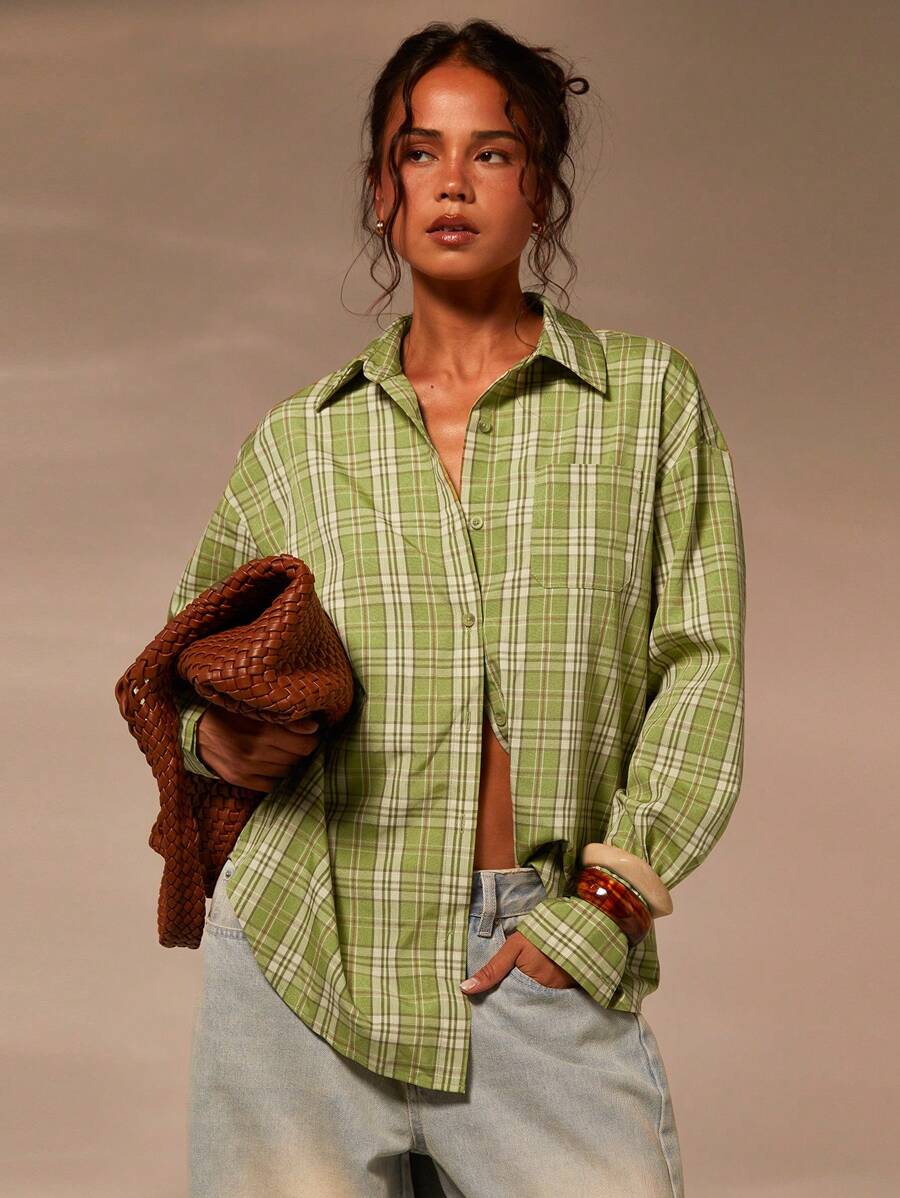 Athîral Chemise décontractée à col casual à carreaux verts pour femmes