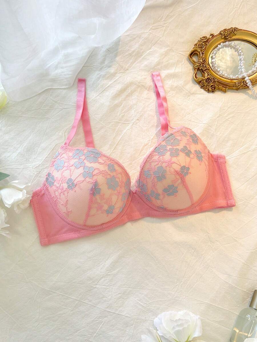 DelicateAllure Floral Lace Trim Underwire 3/4 Cup Bra, Padded Lift And Support, Romantic French Style For Women