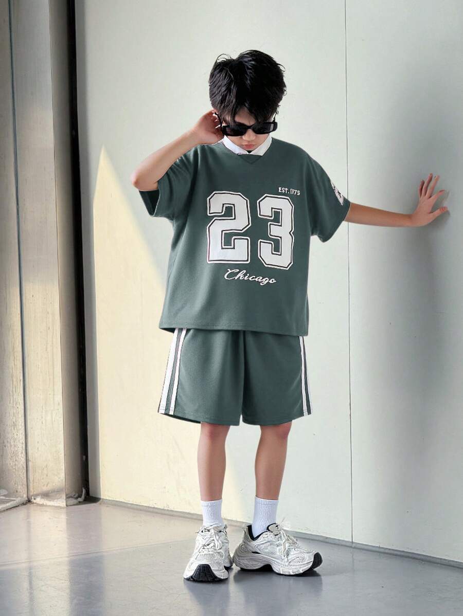SHEIN Conjunto de 2 piezas de camiseta de manga corta oversize y shorts deportivos para niños preadolescentes