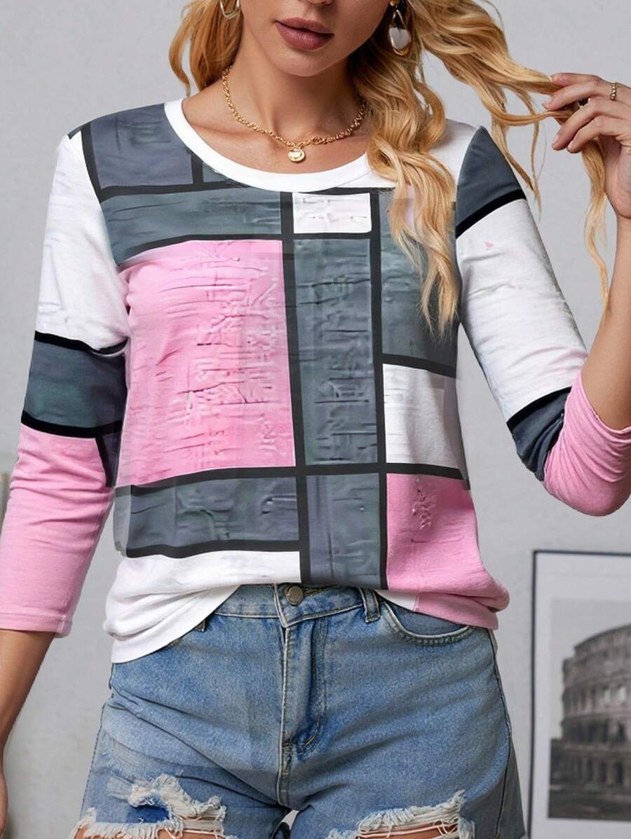 SHEIN LUNE Women's Long Sleeve T-Shirt - Casual T-Shirt With Elegant Geometric Print, Long Sleeve, Round Neck