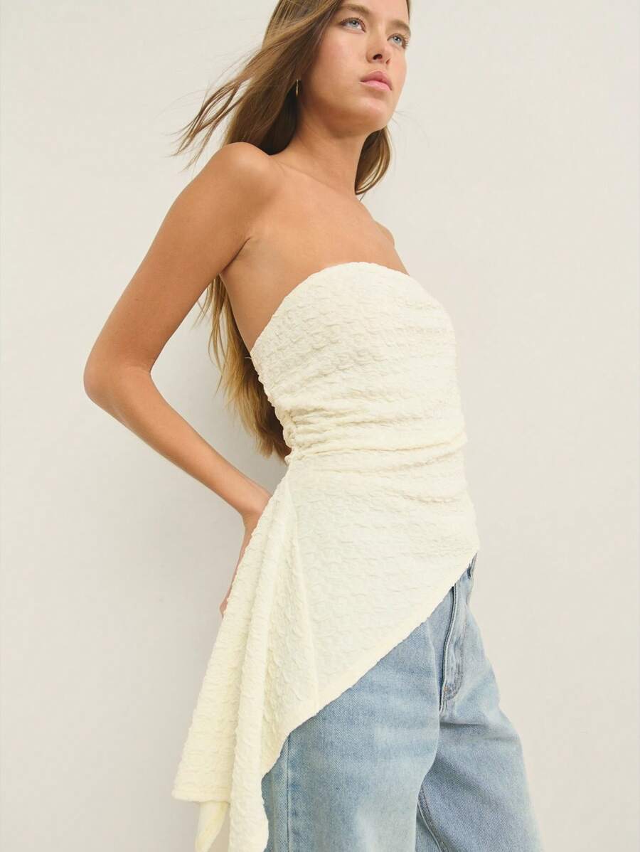 Nöista Asymmetrical Hem Draped Silhouette Textured Waffle Fabric Strapless Neckline Top; Lightweight Breathable Design Perfect For Beach For Women, For Women, And Casual Pride Celebration Looks; Versatile Summer Essential.