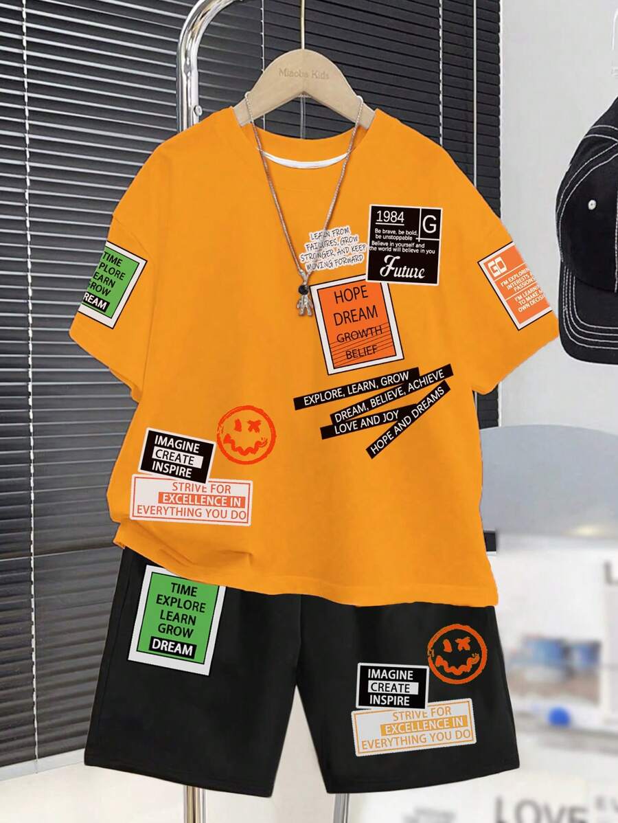 Set de 2 piezas Ropa informal minimalista de manga corta y cuello redondo para chicos adolescentes, adecuado para el verano