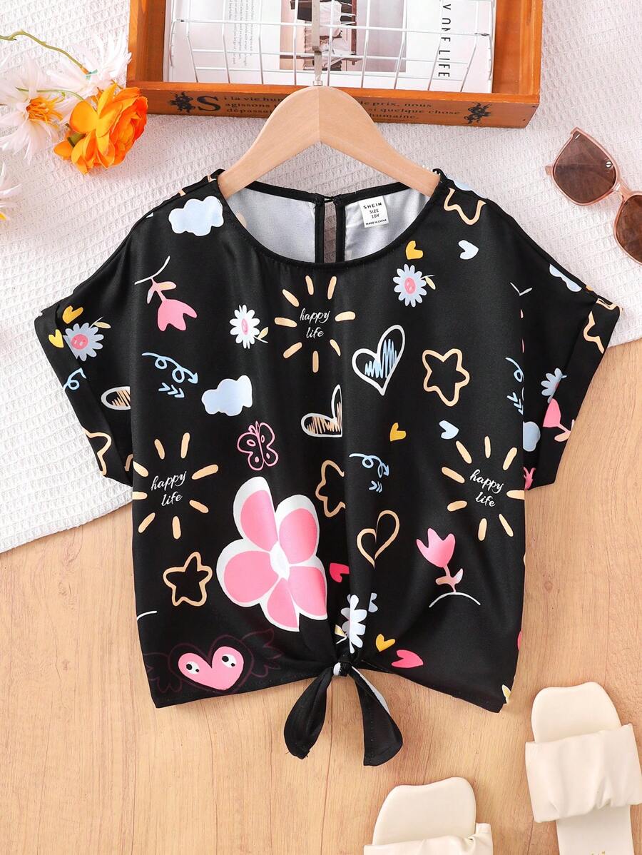 SHEIN Felpa oversize per ragazze pre-adolescenti, stile casual da strada, con stampa di graffiti, cuori, fiori e facce di cartoni animati