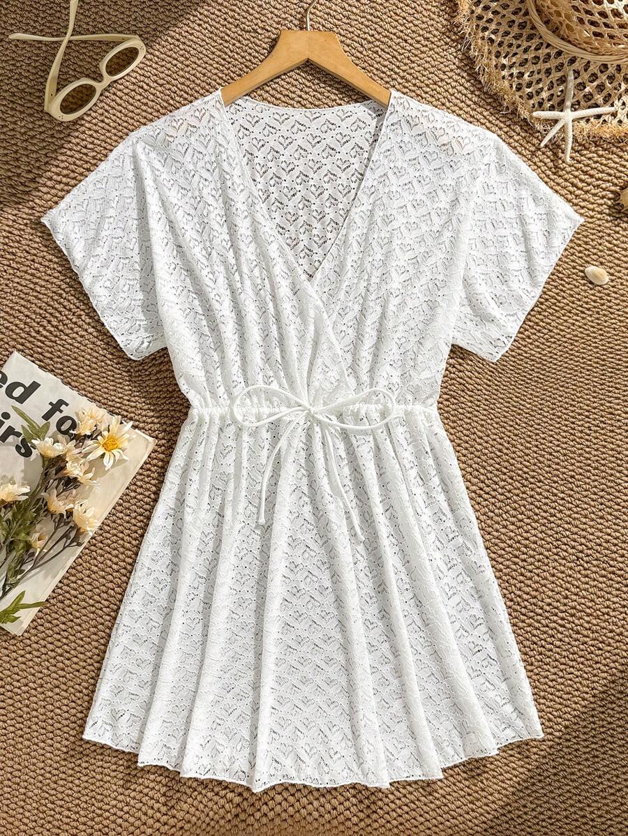 Teen Girls Solid Color Lace Drawstring Waist Bikini Cover Up White Lace Dress White Summer Dress White Beach Dress White Vacation Dress White Cover-Up DressIt Pairs Well With A One-Piece Swimsuit Set For A Vacation Beach