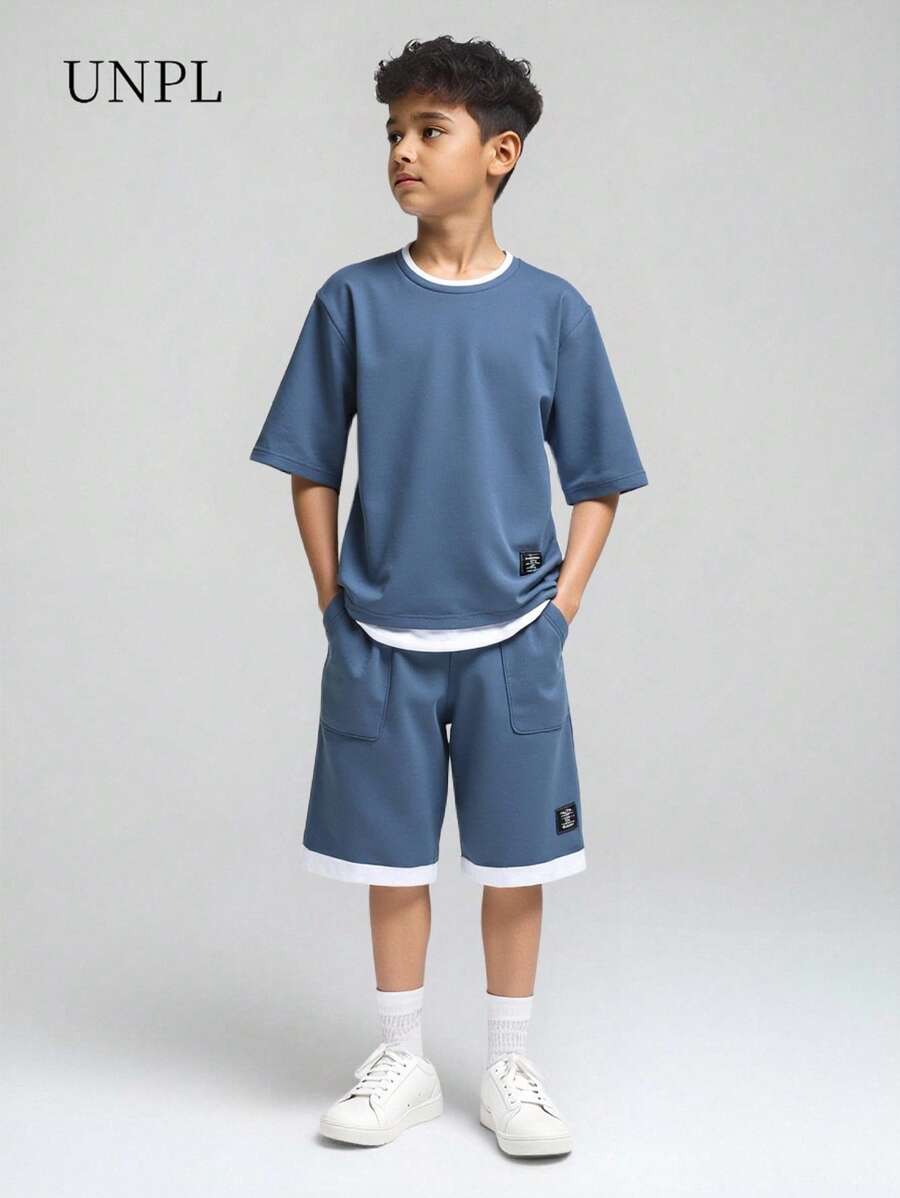SHEIN Tween Boy Letter Patched Detail 2 In 1 Tee & Shorts