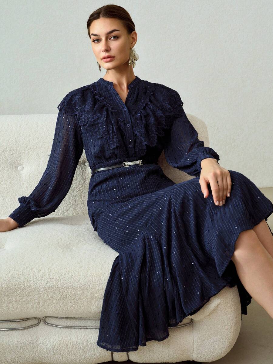 MOTF PREMIUM VESTIDO LARGO CON VOLANTES DE TEXTURA SÓLIDA DE BORDADO Y MALLA, BAJO DE COLA DE SIRENA