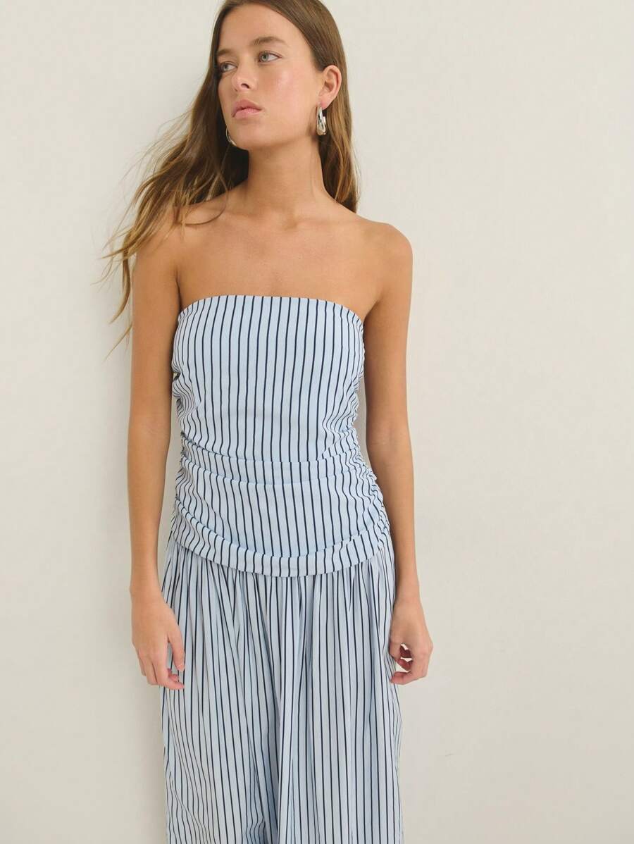 Nöista Vestido largo con hombros descubiertos y rayas, top fruncido, estilo veraniego, falda suelta casual para uso diario