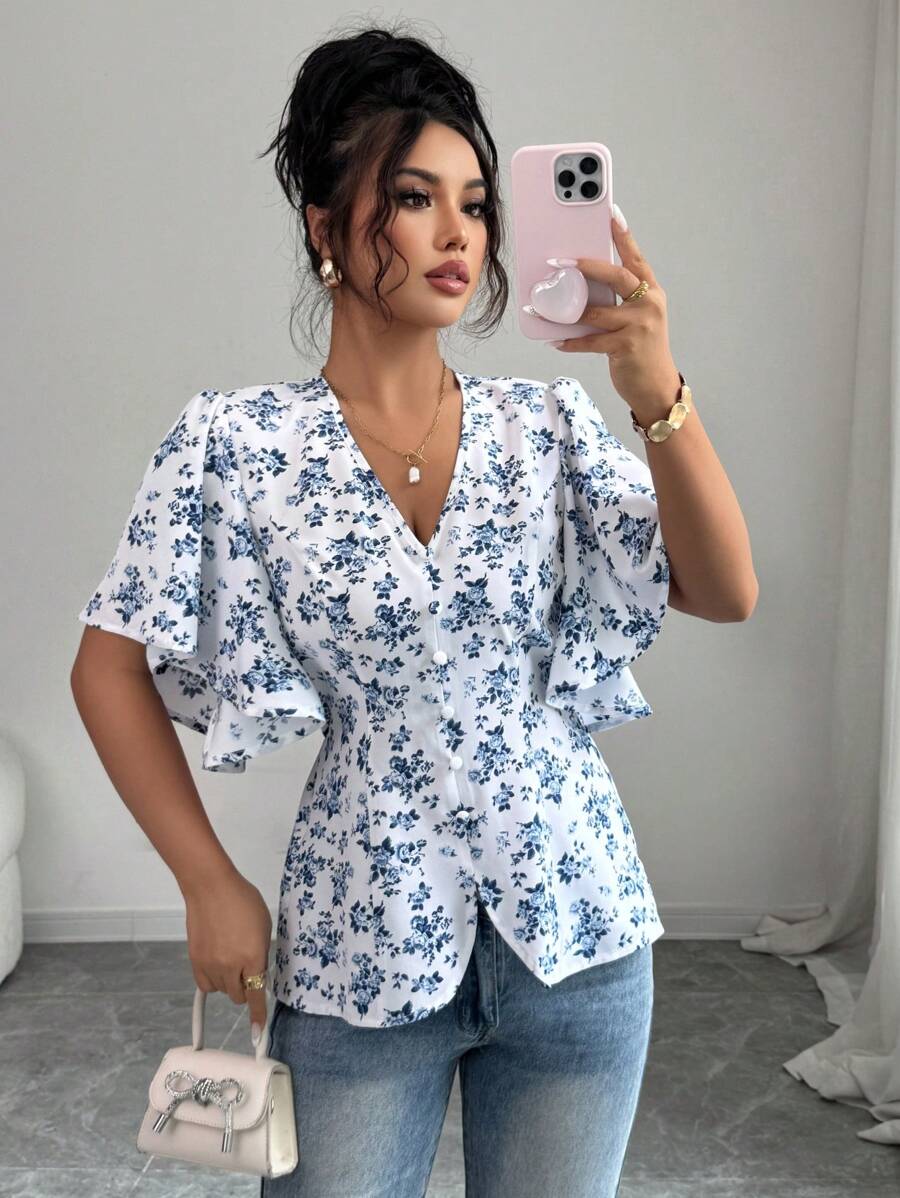 SHEIN Tall Women's Elegant Fitted Blouse With Deep V-Neck, Asymmetric Ruffle, Bell Sleeves And Blue Rose Floral Print On White Background, Suitable For Spring/Summer