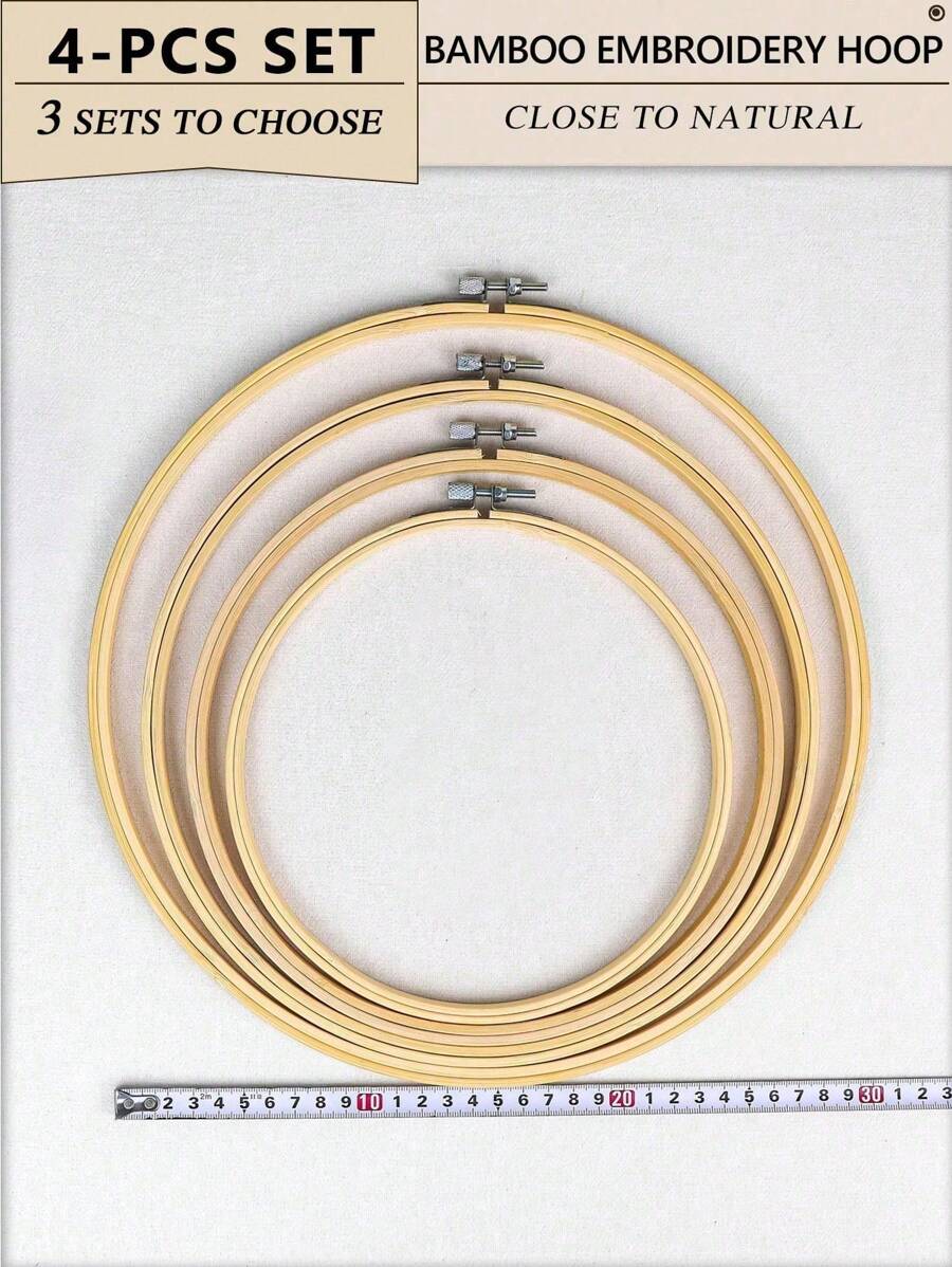 SHEIN 4pcs/Set Beige Bamboo Material DIY Embroidery Hoops, Suitable For Cross Stitch,Punch Needle, Sturdy , Can Be Decoration For Dream Catcher, Halloween & Christmas, Phone Keychain, Bag, Clothing, Hair, Desk & Car Interior