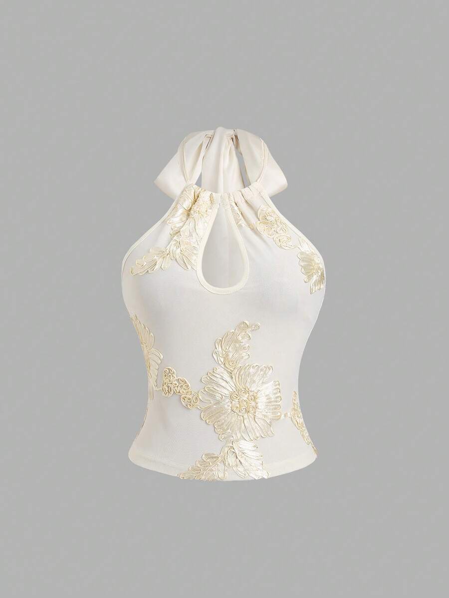 Sweetra Maglietta da donna nuova, stile sexy e succinto, con fantasia floreale tridimensionale a goccia d'acqua, scollo alla halter, schienale scoperto, senza maniche