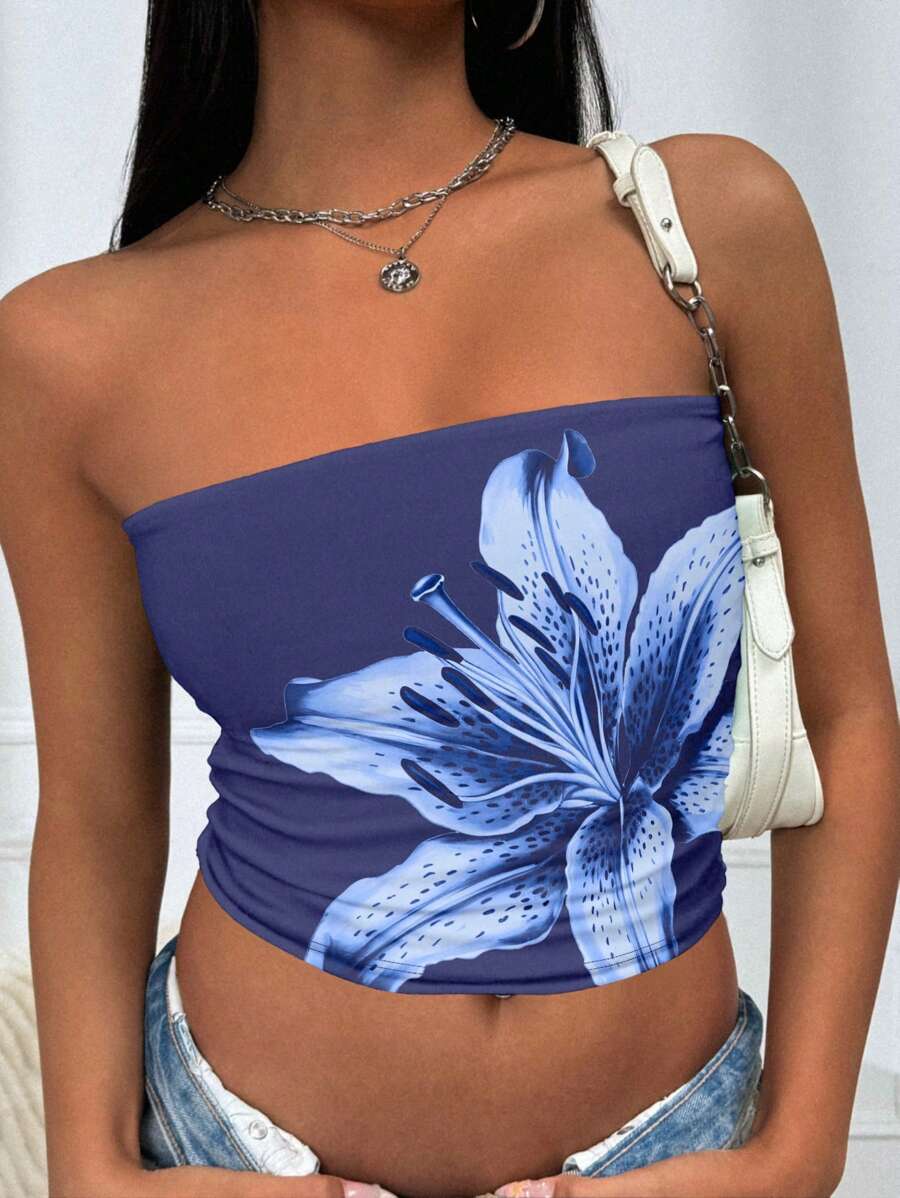 INAWLY Top bandeau corto tipo tubo con estampado floral de lirios, estilo Y2K