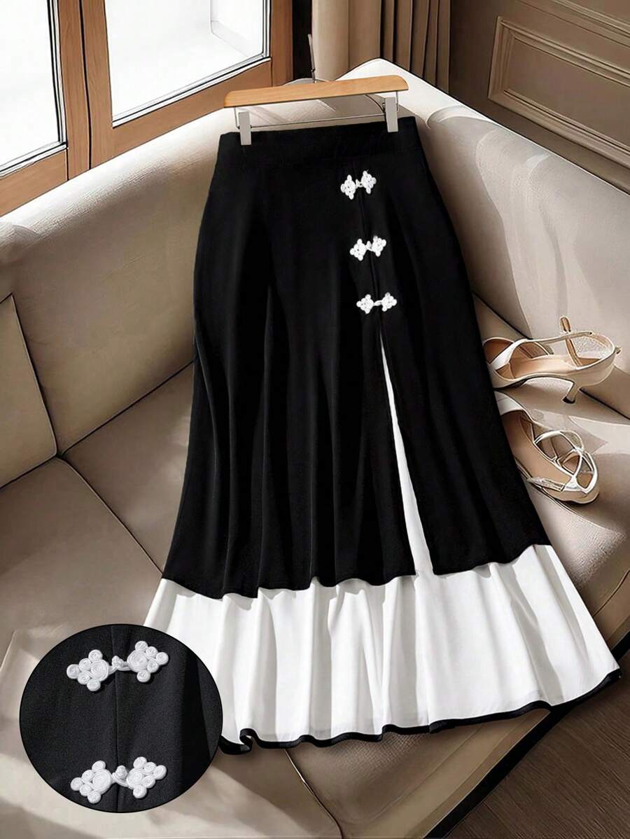 Regalyn Plus Size Women's Button Design Black & White Contrast Color Elegant High-Quality Black Button Patchwork Elegant Party & Outdoor Slim Fit Skirt, Business Casual Summer Women Clothing