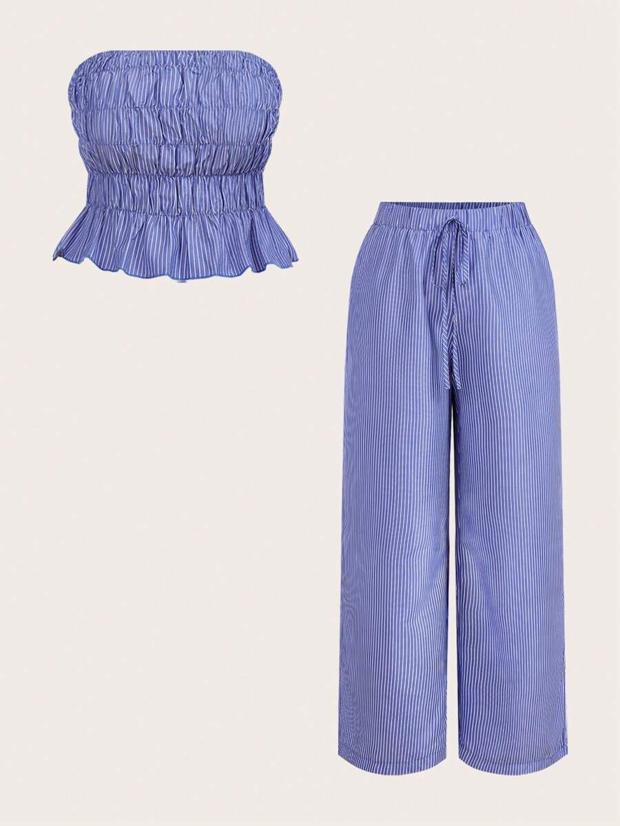 Sweetra 2pcs Plus Size Women Casual Striped Camisole Top + Wide Leg Pants Set, Relaxed Fit, Flattering, Summer