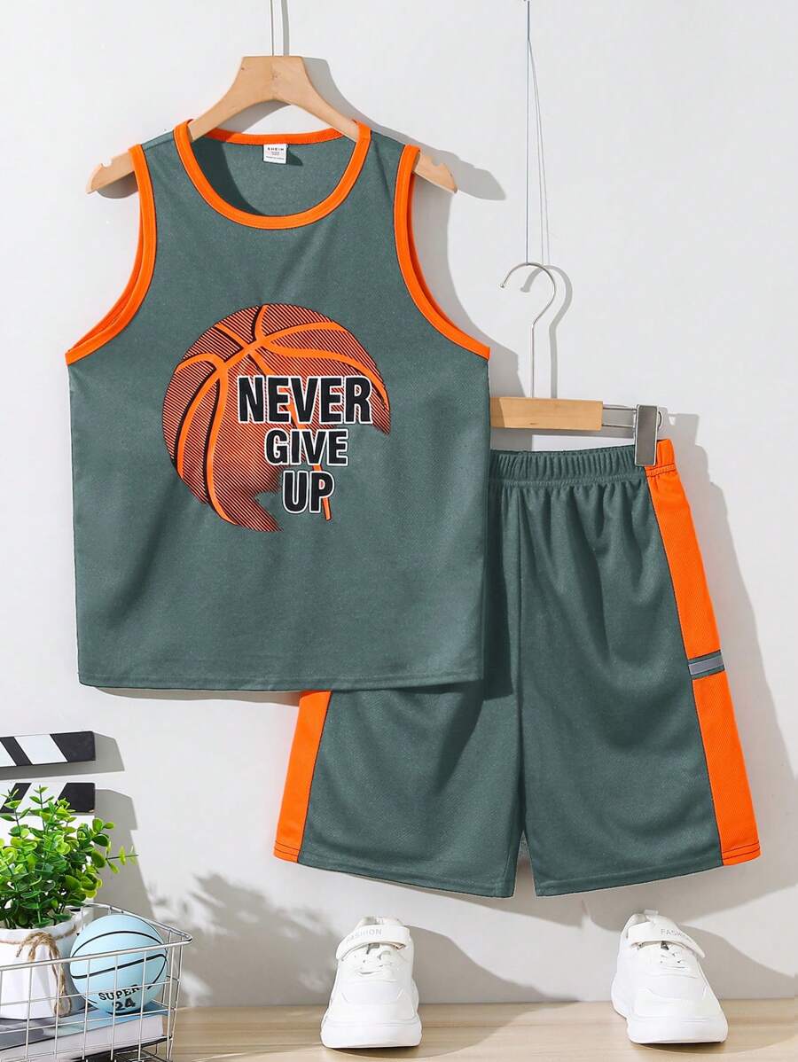 SHEIN Conjunto de 2 piezas con chaleco deportivo holgado y pantalones cortos con contraste para niño preadolescente
