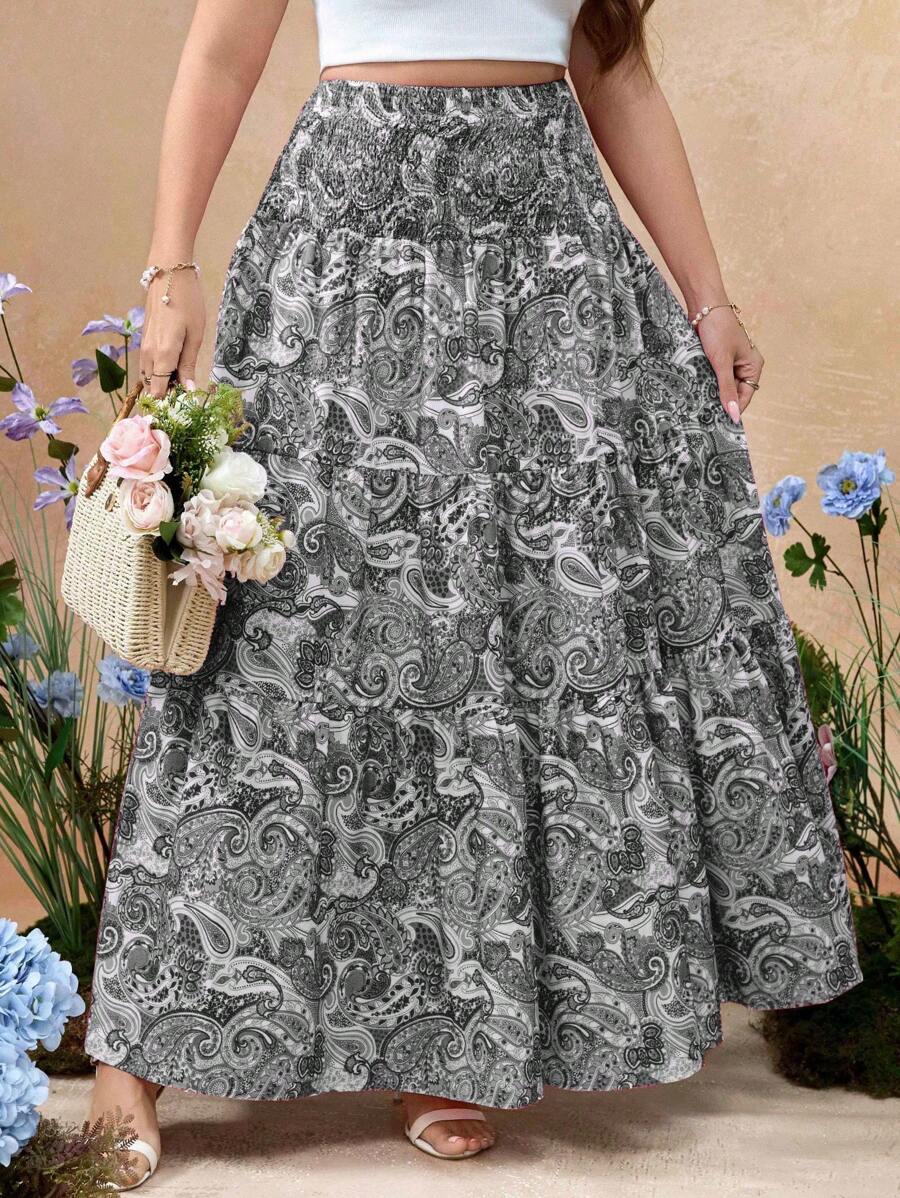 Flirla Plus Size Women Cashew Print Boho Vacation Style Maxi Skirt