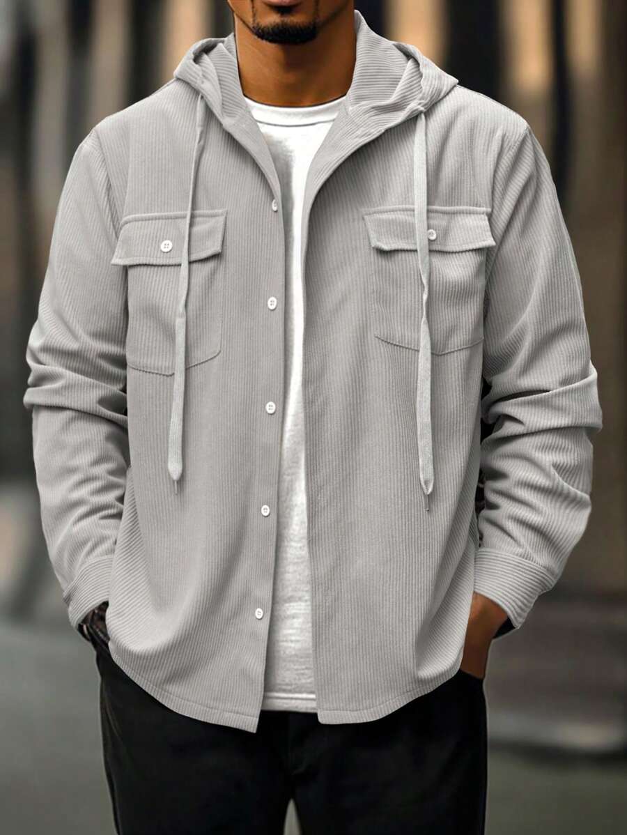 Manfinity Homme Chemise à capuche pour homme de couleur unie, à manches longues, à simple boutonnage avec poche