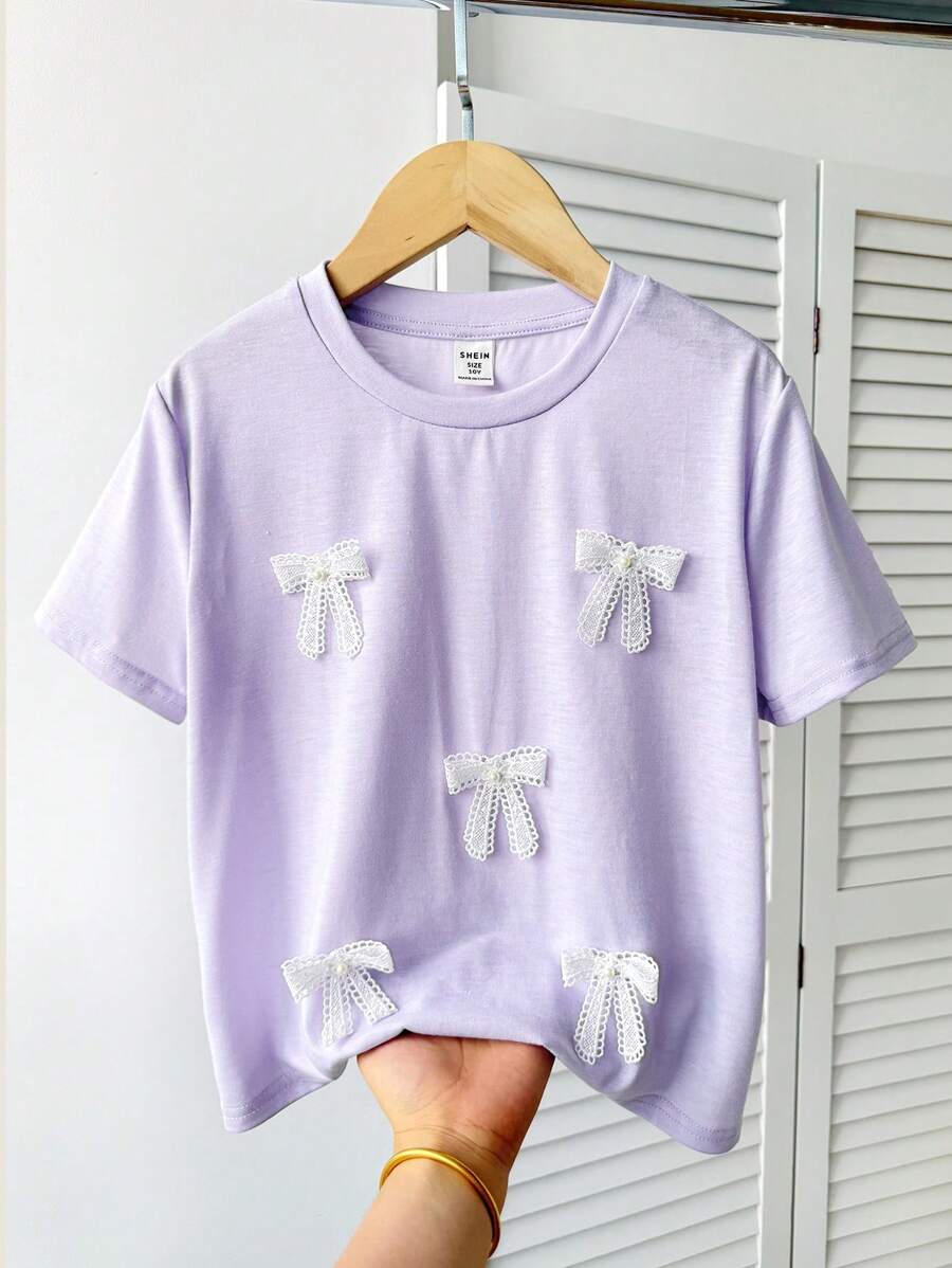 Tween Girls Cute 3D Bow Decor T-Shirt, Versatile Casual Daily Wear For Any Occasion Lilac Teen Shirt Girls Casual Short Sleeve T-Shirt Girls Lace Bow T-Shirt Lavender Tee Purple Girls Tee
