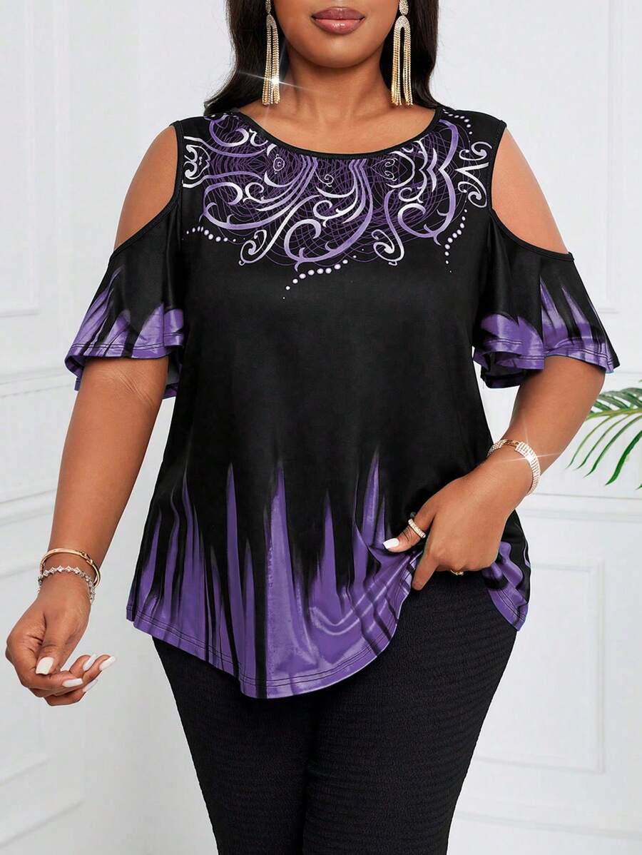 SHEIN Lady 1 pieza Camiseta de mujer de talla grande con patrón de degradado morado, para verano