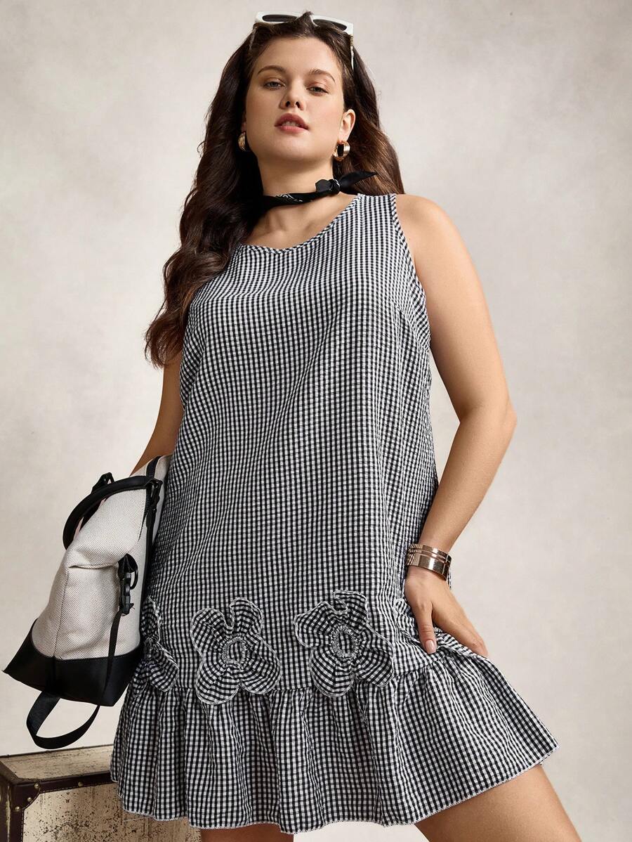 Zelara Plus Size Casual Plaid Floral 3D Decor Tunic Dress Summer Outfits For Women Vacation Outfits Woman Summer New Design Summer Outfits For Women Summer Dresses For Women