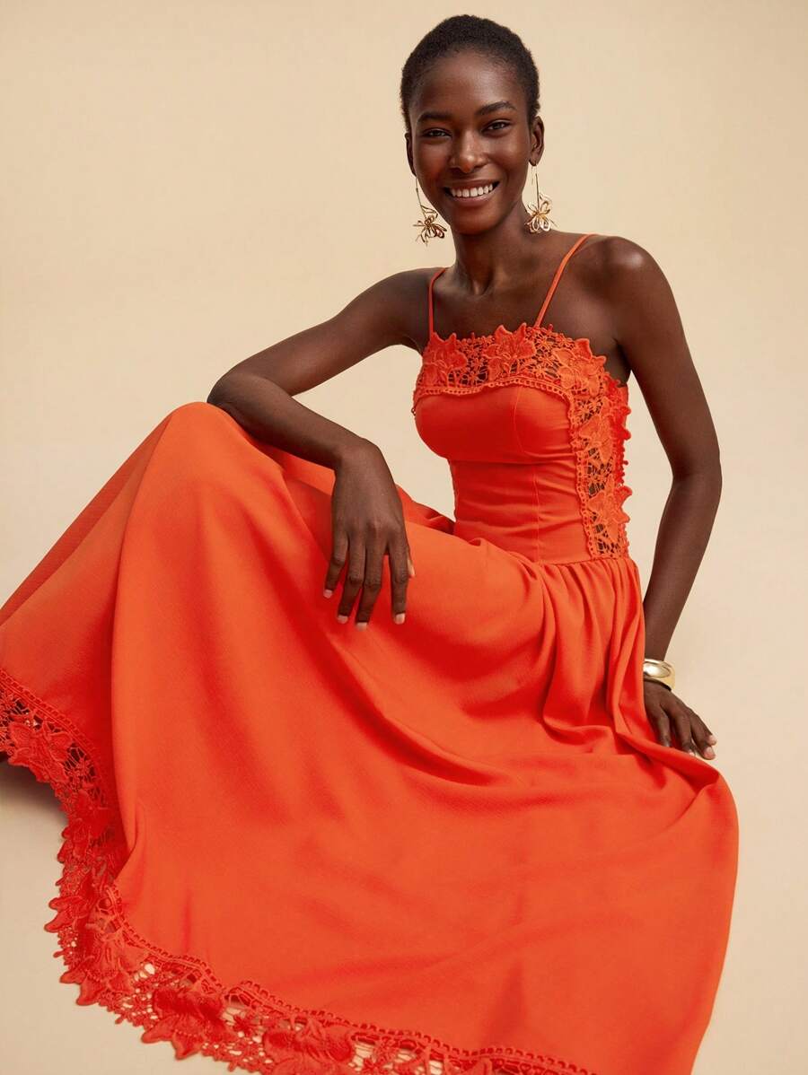 Travachic Chic Spaghetti Strap Plain Orange Dress With Flared Hem And Stylish Finish