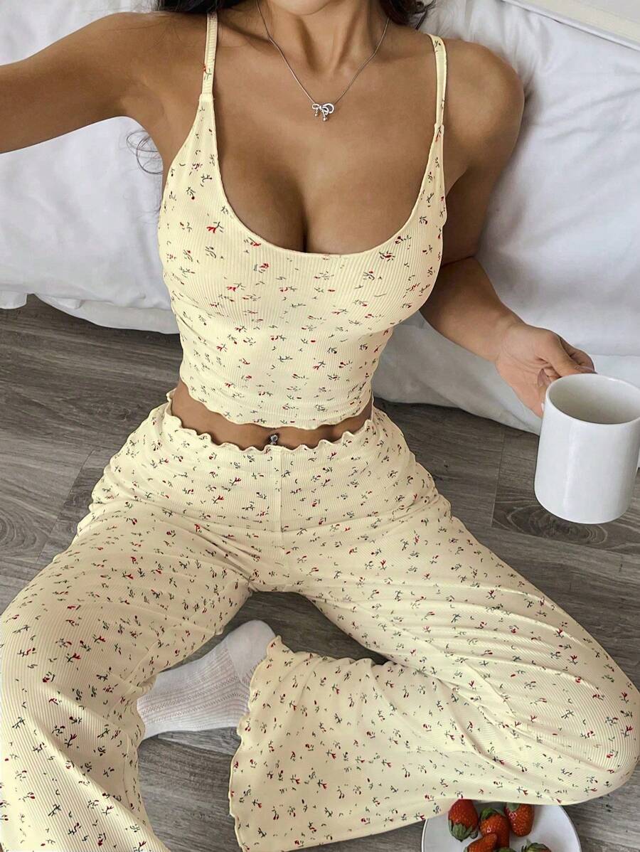 Flirla 2pcs Set: Sleeveless Printed Ribbed Fabric Jumpsuit And Pants For Casual Home Wear