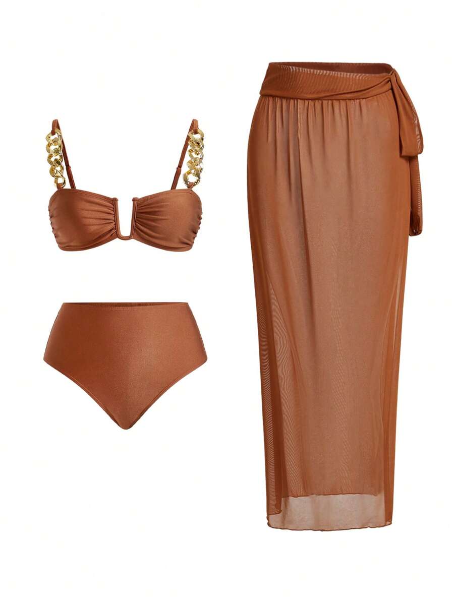 Swim Oasis Women Solid Color Metal Chain Detailed Split Bikini Set Set With Twist Front Skirt