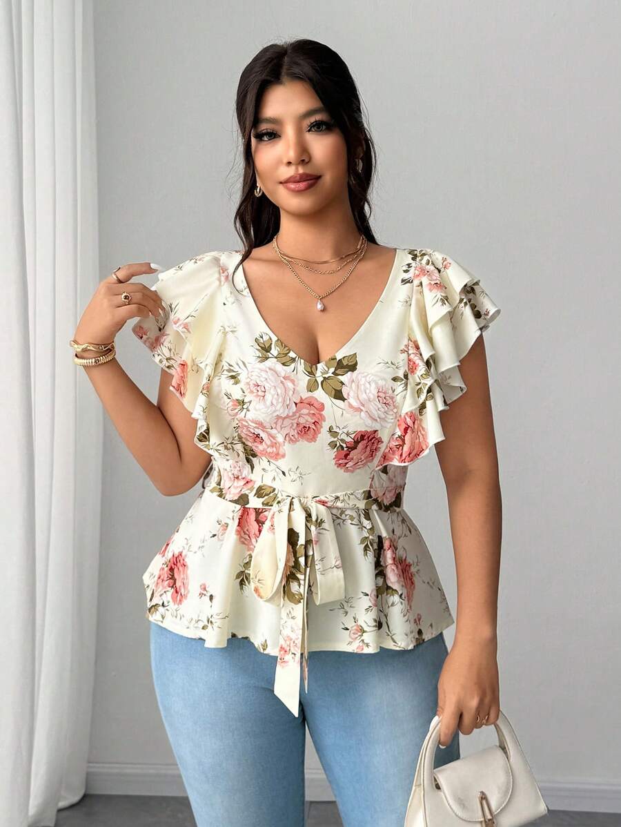 Celure Plus Size Women's Elegant Floral Print V-Neck Ruffle Sleeve Gathered Waist Blouse
