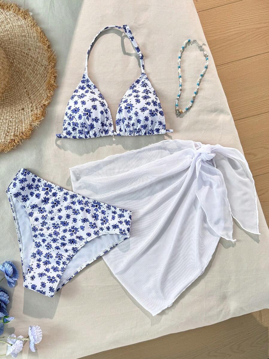 SHEIN 3pcs/Set Teen Girls' Ditsy Floral Halter Bikini Set With Matching Chiffon Coverup & Skirt, Summer Beach Vacation Swimwear, Floral, Beach, Vacation, Honeymoon