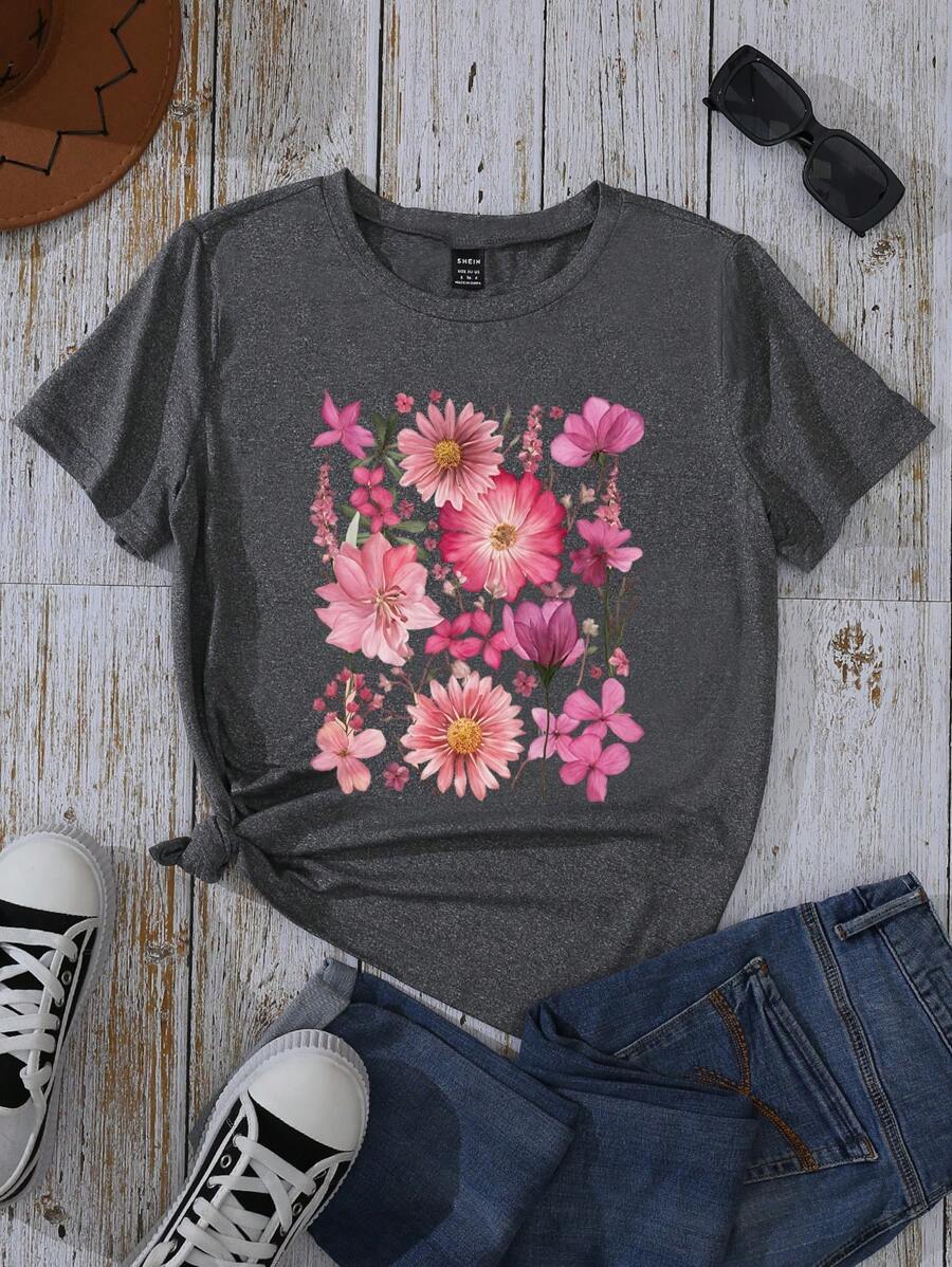 INAWLY Oversized Retro Boho Style Floral Graphic Printed T-Shirt For Women Graphic Tees Women Tops